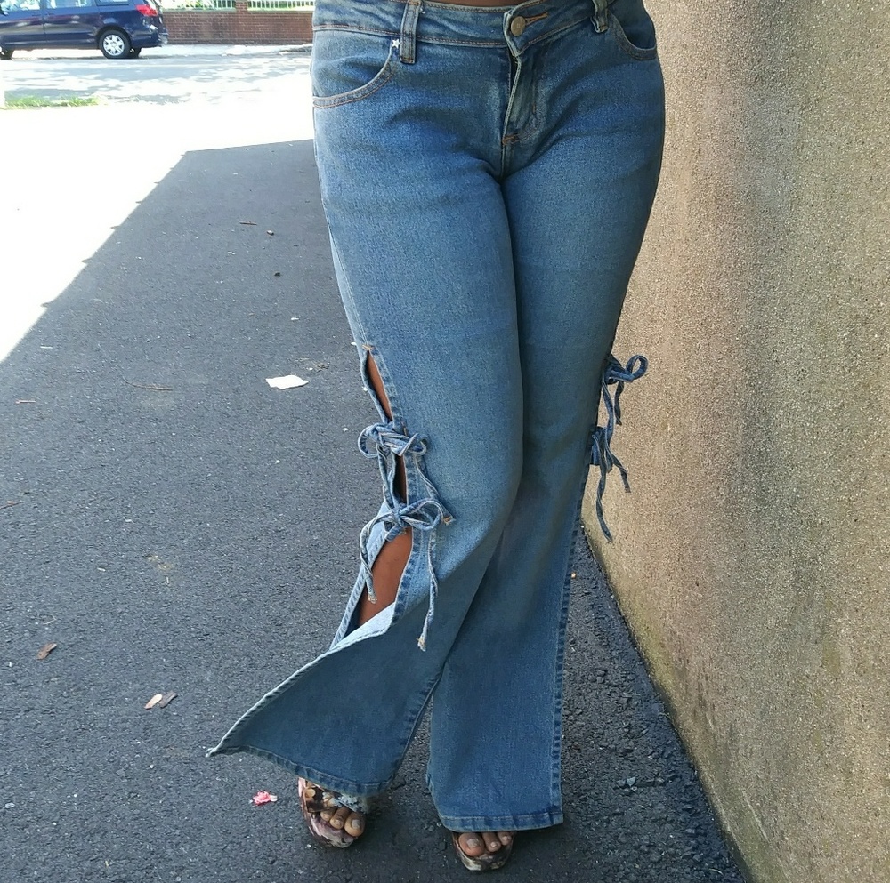 Blue denim side split double tie jeans Sz 7